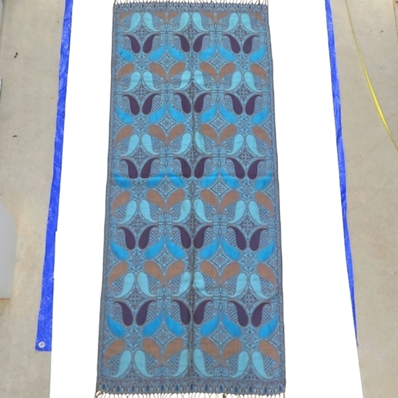 Pashmina Scarf Wrap Cashmere Blend Paisley Blue Purple Brown Knotted Fringe - Picture 8 of 9
